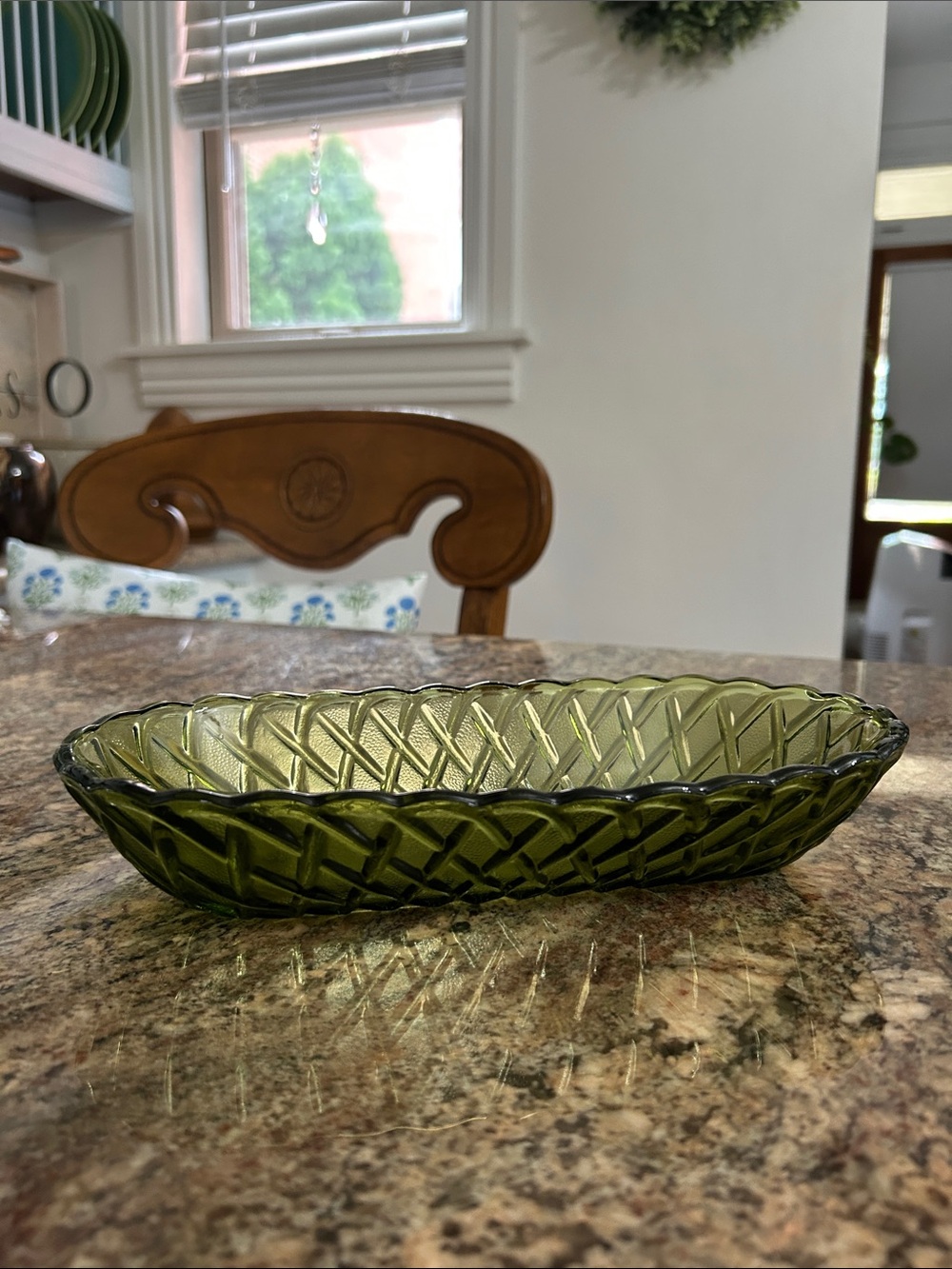 Indiana Glass Olive Green Basketweave Patterned Glass Oval Dish